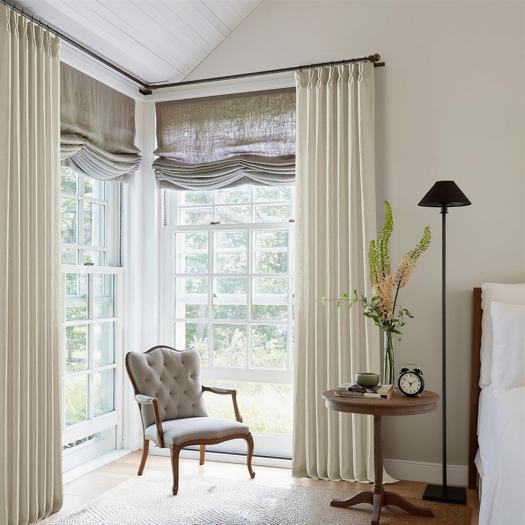 Beige Linen Curtains 96 Inches Long Pinch Pleated 2 Panels Living Room Bedroom Memory Trained Semi Sheer Neutral Flax