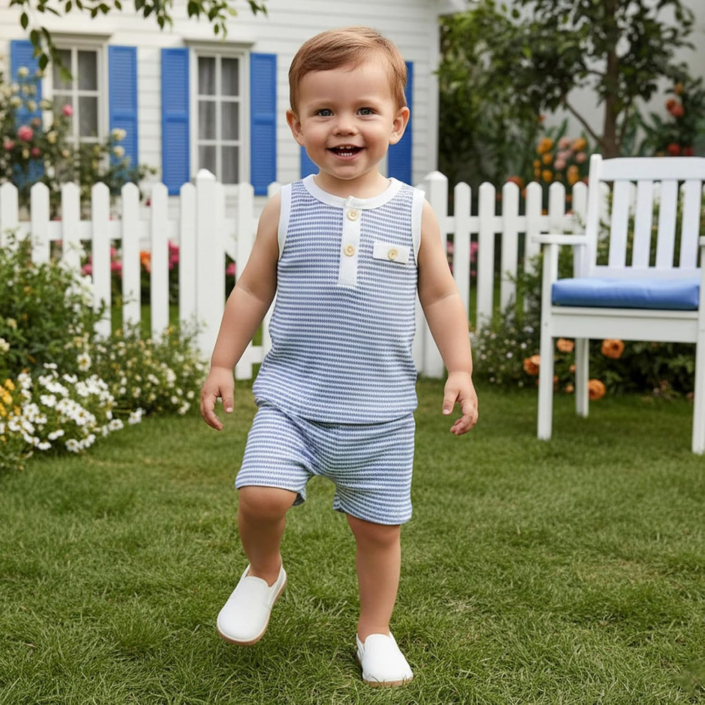 Toddler Baby Boy Stripe Waffle Sleeveless Shirt Shorts Set