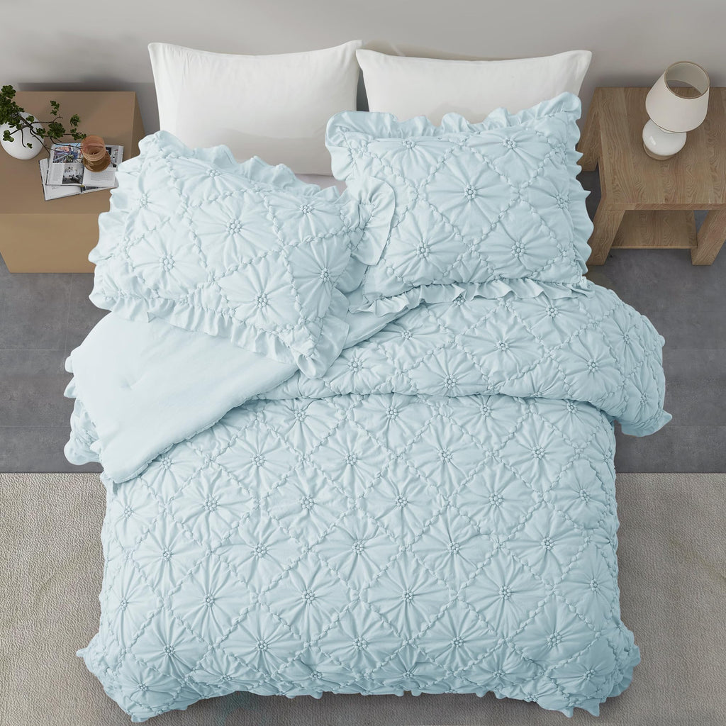 Comforter Set, Cornflower Blue Pinch Pleat Ruffle, 3 Pieces