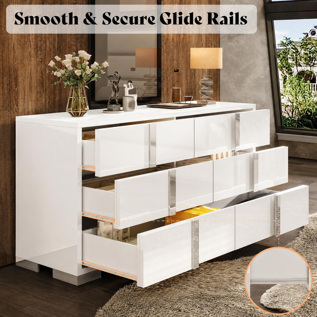 6 Drawer Dresser, Modern Storage Chest, High Gloss Finish, White