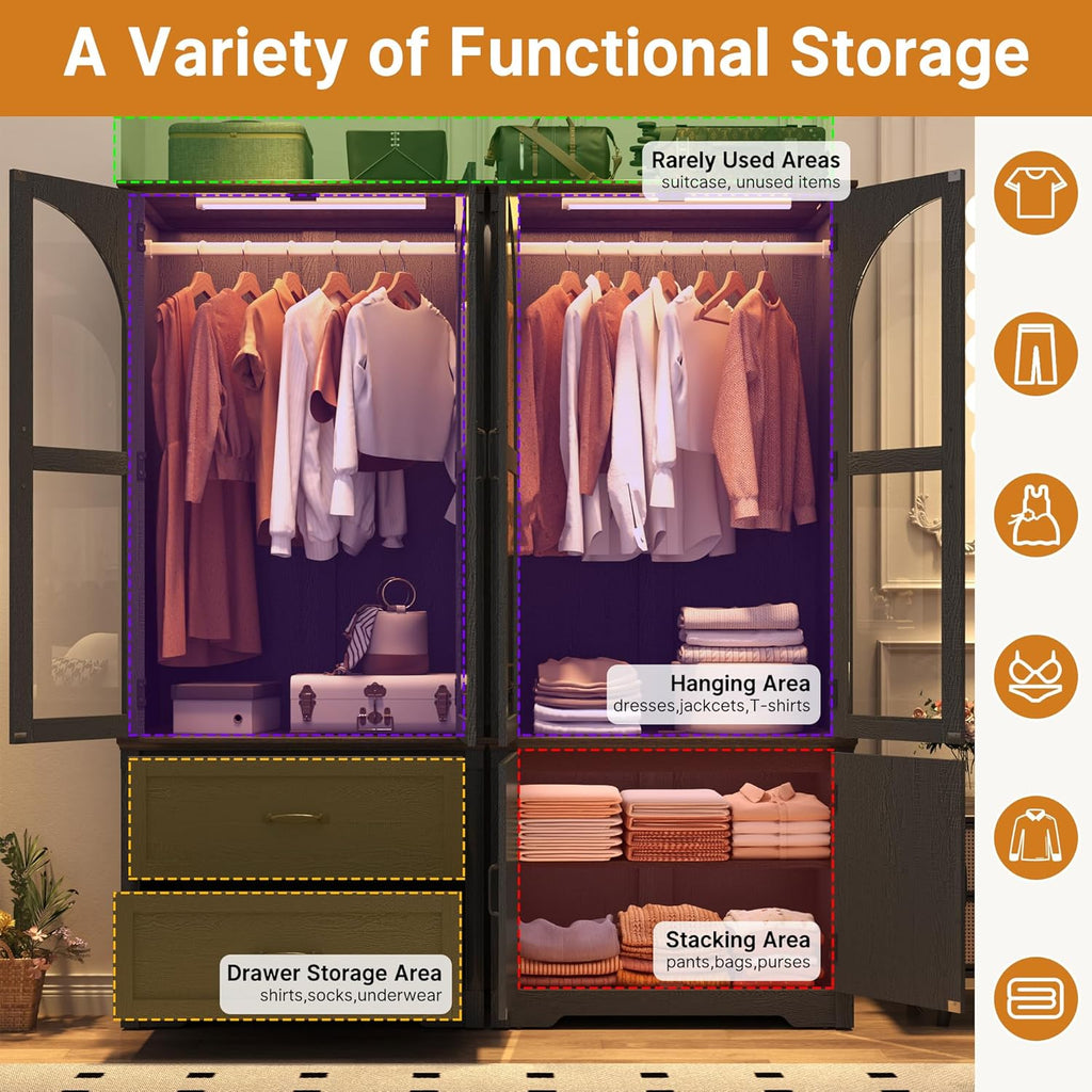 Tall Farmhouse 4 Doors Armoire Wardrobe Closet with LED ,72" Freestanding Arched Wardrobe Closet Cabinet w Glass
