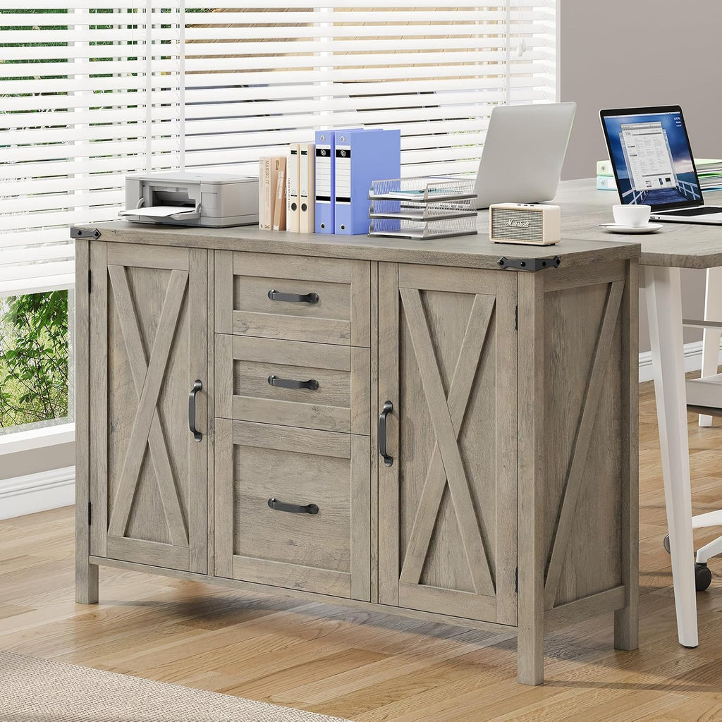 Farmhouse Lateral File Cabinet with 3 Drawers and Doors, Rustic Grey | Lateral Filing Cabinet Fits Letter or A4 Size