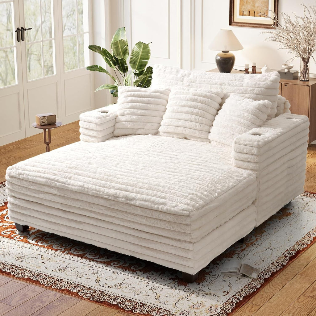 60" Oversized Chaise Lounge Chair with Wood Frame, Beige | Upgraded Fluffy Plush Faux Fur Sleeper Couch Lazy Chair