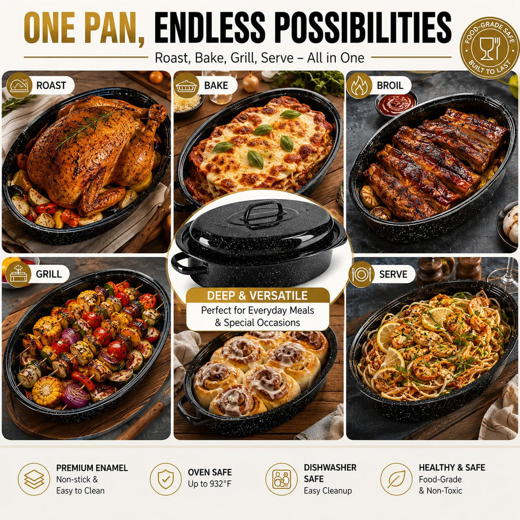 13 Inch Enamel Roasting Pan with Lid & Rack, Oven & Dishwasher Safe Turkey Roaster, 932°F Heat Resistant, Includes