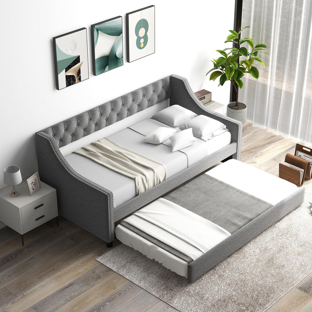 Upholstered Twin Daybed with Trundle, Modern Trundle Bed with Button Tufted Backrest and Wooden Slat Support, Twin