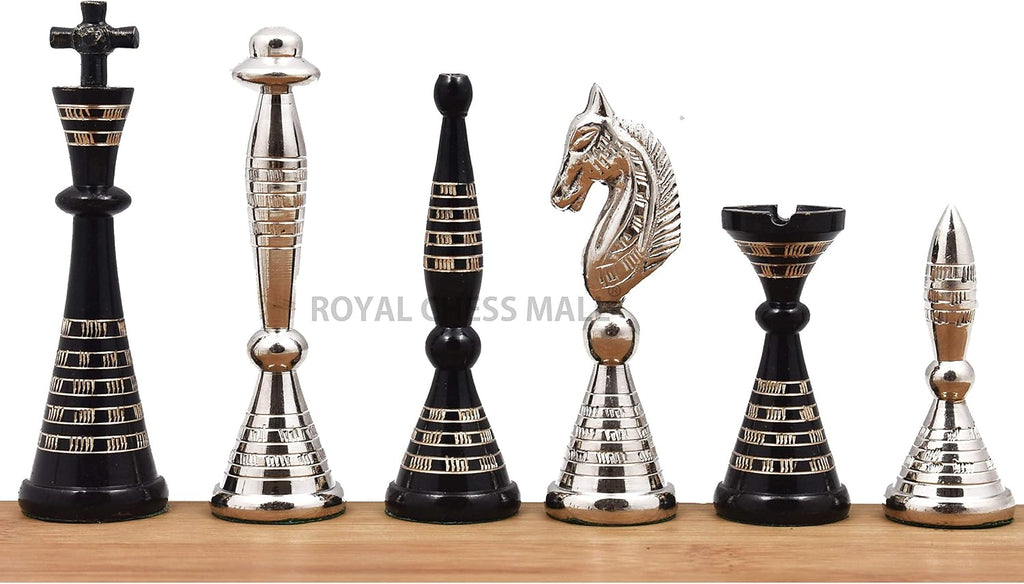 Solid Brass Metal Tribal Artwork Warli Luxury Chess Pieces & Board Set- 12" - Silver & Black... - Set of 32