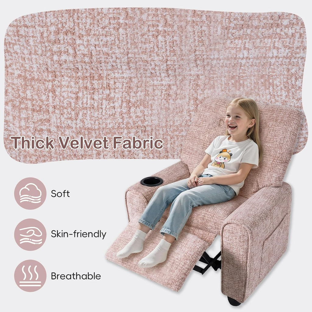 Kids Recliner, Toddler Lounge Chair with Adjustable Backrest Footrest Cup Holder Side Pockets, Velvet Leather Toddler