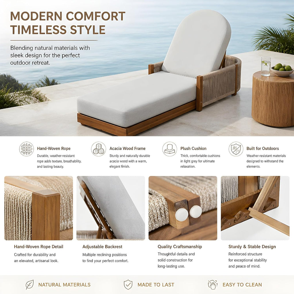 Patio Chaise Lounge Chair with Cushions Set of 2, 78'' Acacia Wood Adjustable Reclining Chaise with 5-Positions