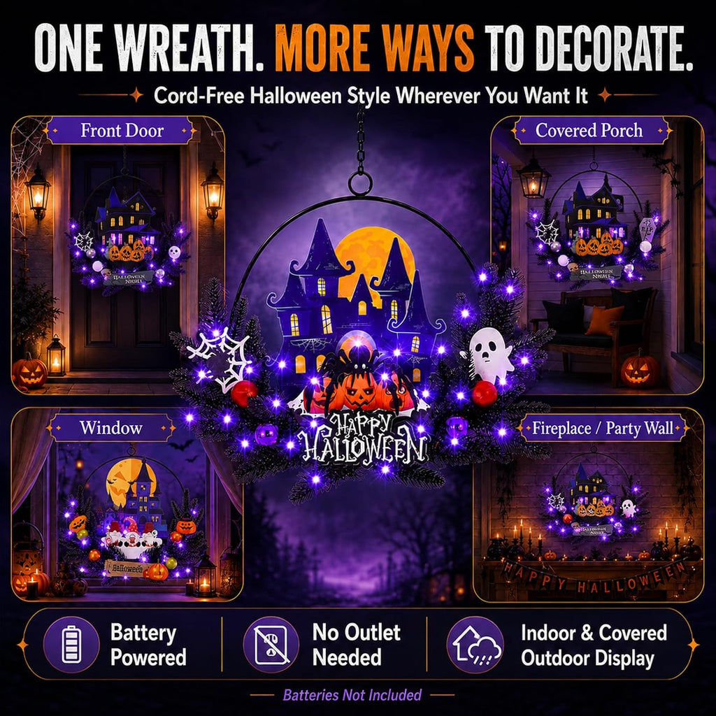 Halloween Decorations Fall Lit Ghost Wreath Twinkling Pumpkins for Front Door Light Up Haunted House Wreath with Bats - Set of 30