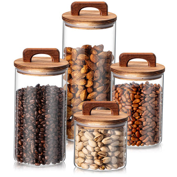 4 Pcs Glass Canisters with Wooden Airtight Lids, Cylindrical