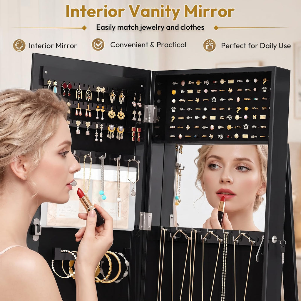 360° Rotating Jewelry Armoire with Full-Length Mirror and Interior Makeup Mirror, Lockable Standing Jewelry Cabinet