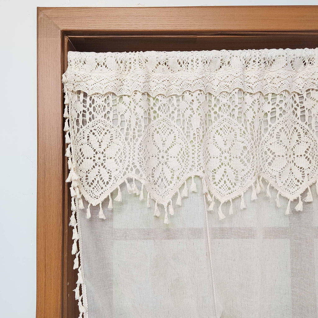 Boho Crochet Lace Tie Up Sheer Curtain Valance Windows