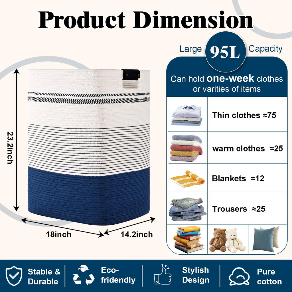 Laundry Hamper, 95L Tall Laundry Basket with Leather Handles, Rectangle Large Clothes Hamper for Organizing, Cotton