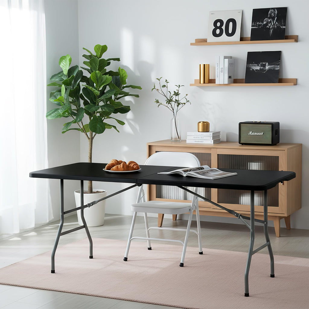 5 Pack 6FT Black Plastic Folding Tables, Fold-in-Half