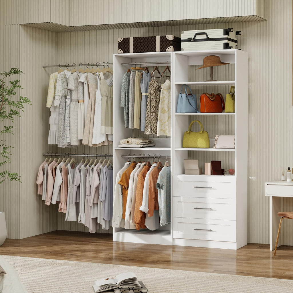 Closet System with 3 Drawers, 4FT-10.5FT Wooden Organizer System