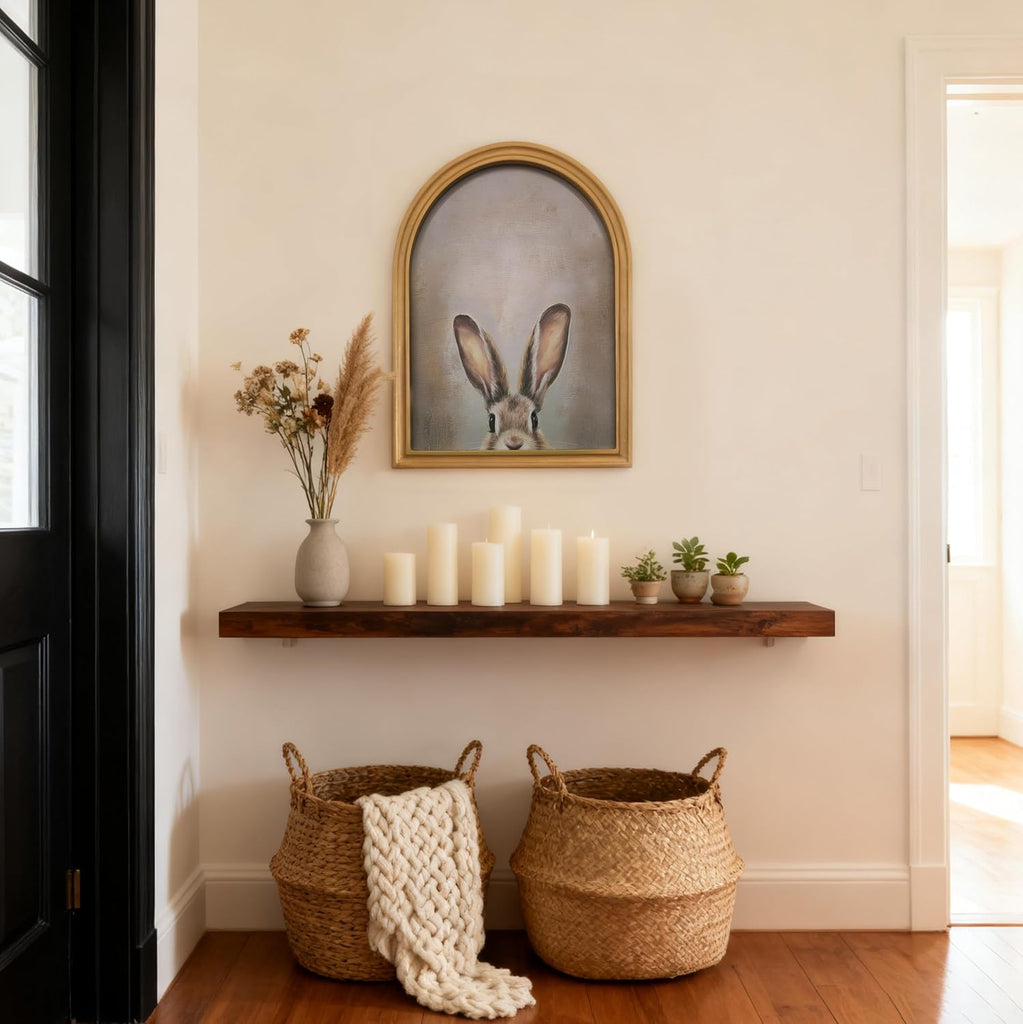 Gold Vintage Easter Bunny Framed Wall Art - Arched Wood Frame Rabbit Canvas Picture Aesthetic Wall Decor, Farmhouse