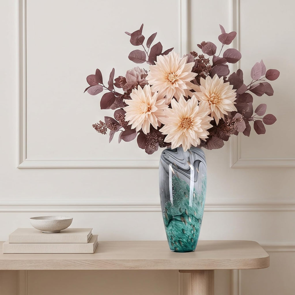 Hand Blown Glass Vase Decor with Organic Swirl Pattern, Art Glass Centerpiece for Table, Shelf or Living Room, Single