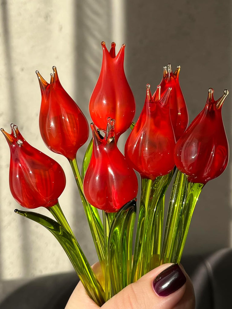 7" Red Glass Tulip Figurine - Hand-Blown Murano-Style Flower - Art Glass Tulip Ornament for Vase or Planter - Gift