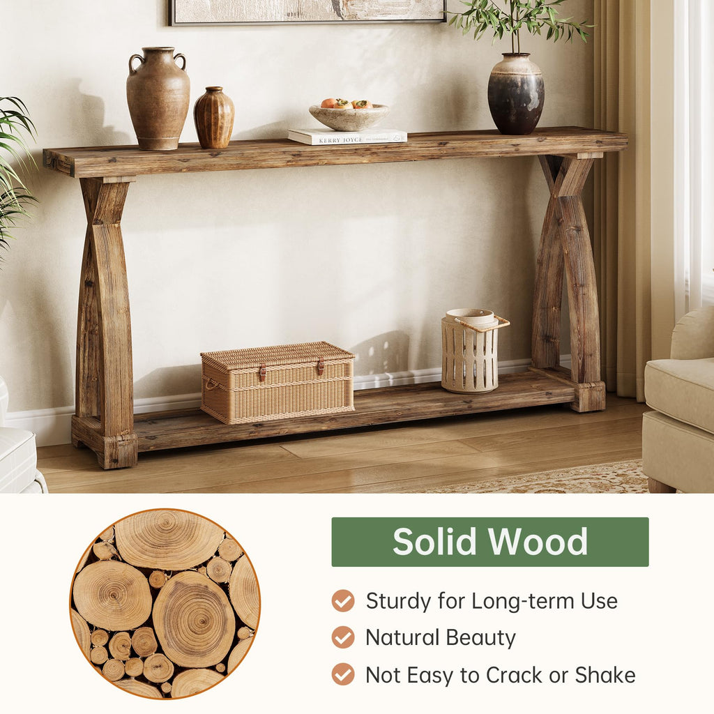 Solid Wood Console Table, 63-Inch Narrow Farmhouse Couch Table Behind Sofa with 2-Tier Storage for Entrance, Foyer