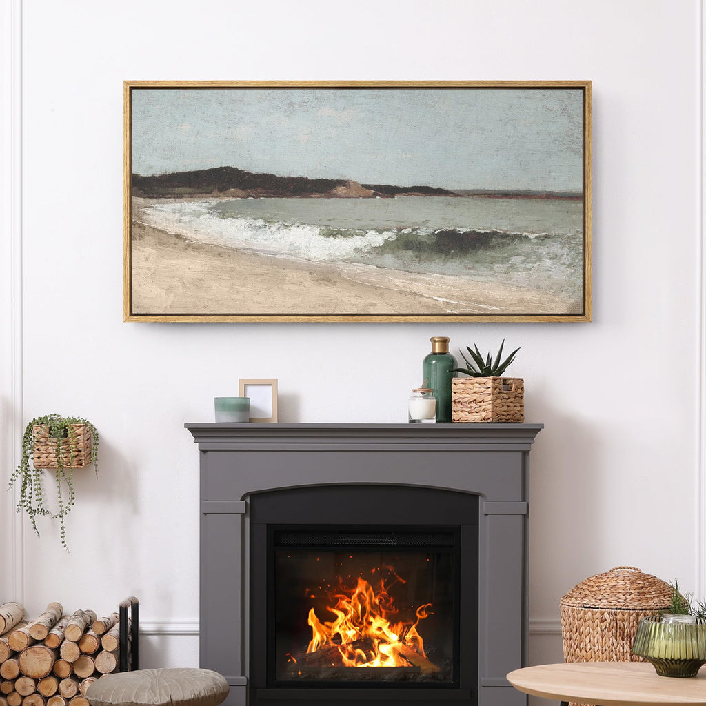 Extra Large Framed Canvas Print Wall Art Coastal Serenity Beachscape Ocean Illustrations Modern Art Calm Warm