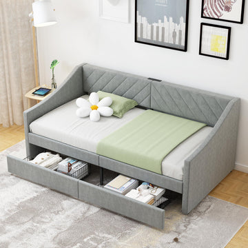 Twin Daybed with Upholstered Headboard and Charging Station, Daybed with Trundle, Sofa Day Bed with Strong Supports