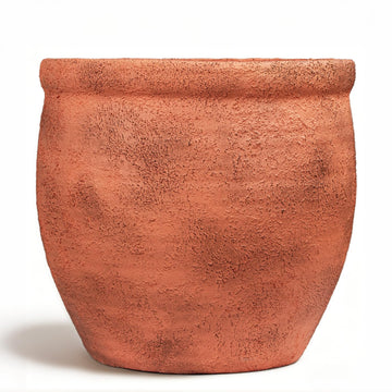 9" Dia Fiberstone Planter - Distressed Terracotta Decorative Flower Pot with Textured Matte Finish & Drainage Hole