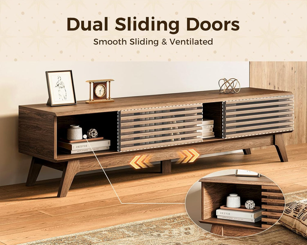 70.8" TV Stand for 55"/65"/75" TVs, Mid-Century Modern Fluted Entertainment Center with Sliding Doors, Storage