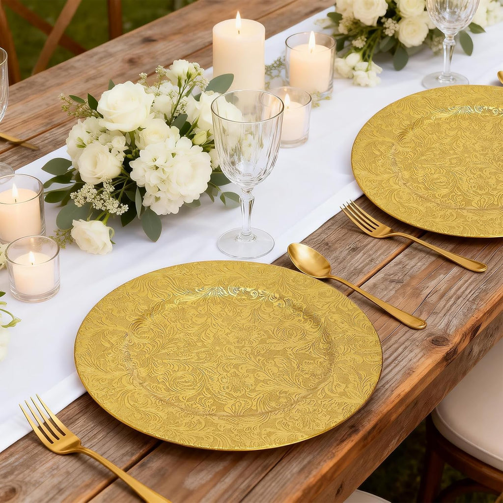 Gold Charger Plates, 13" Plastic Round Antique Plate Chargers for Dinner Plates, Floral Charger Plates - Set of 12