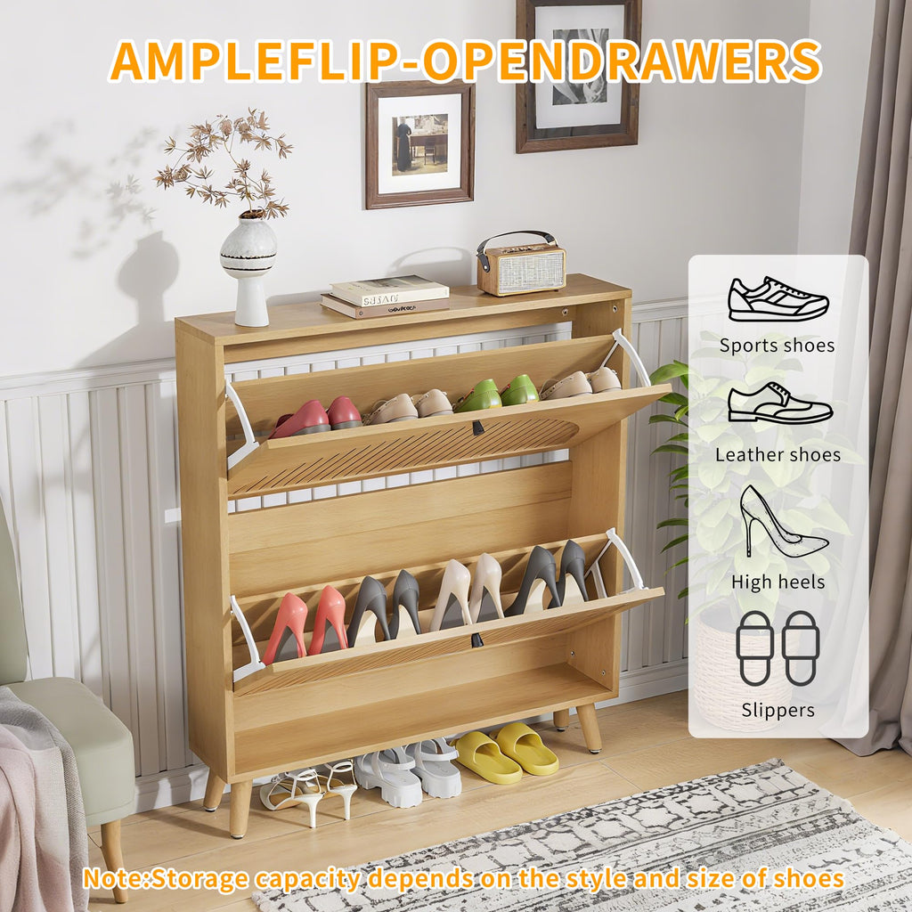 Shoe Storage Cabinet with 2 Fluted Flip Drawers, Oak