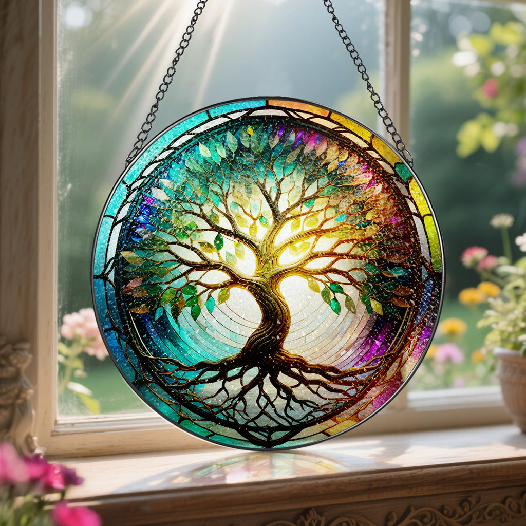 Stained Glass Window Hanging, 8'' Tree of Life Suncatcher, Stained Glass Ornament, Window Decor, Outdoor or Indoor