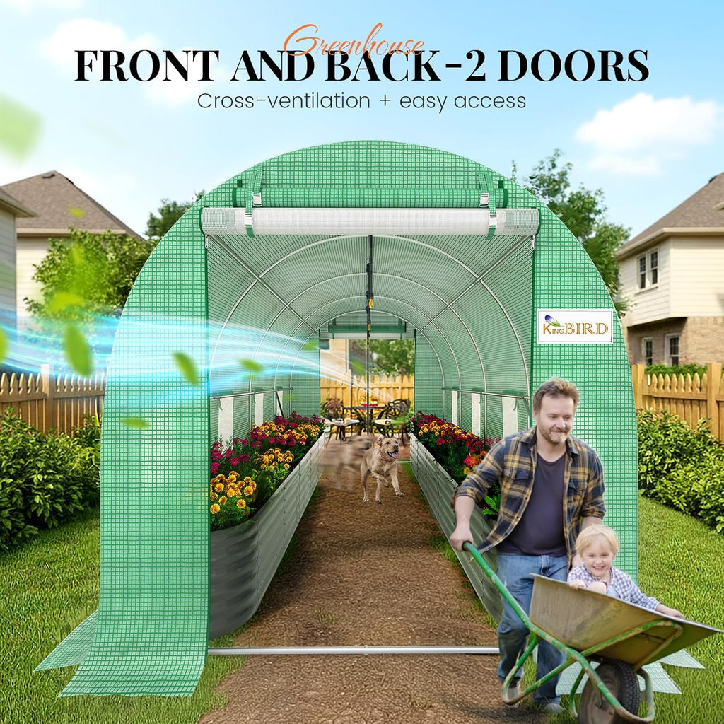 Premium 15x7x7 FT Greenhouse for Outdoors, Large Heavy Duty | Galvanized Steel Frame, Mesh Door Screen Window Hoop