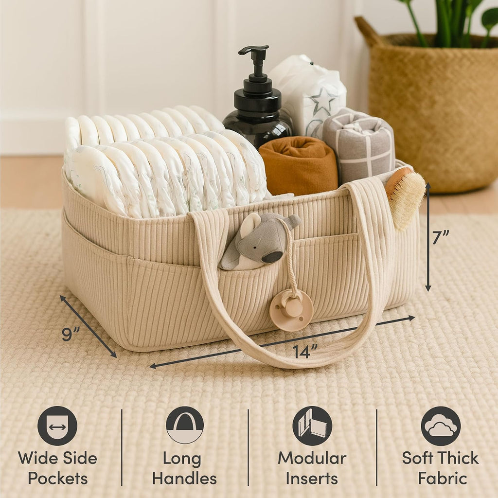 Baby Diaper Caddy Organizer, Nursery Basket (Cream, Corduroy)