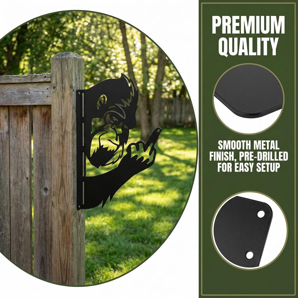Peaking a Boo Flipping Off Bigfoot Animal Metal Sign Art Ornament, Animals Peeking Around Metal Sign, Animal Peeping