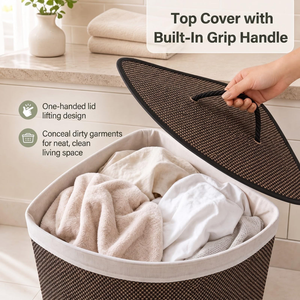57 L Corner Bamboo Laundry Hamper with Lid, Removable Liner