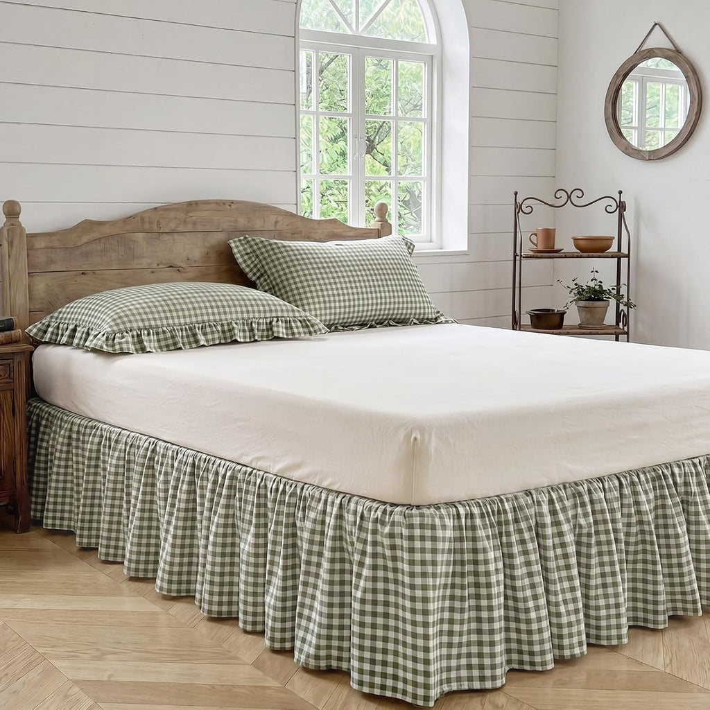 Sage Green Gingham Bed Skirt Queen Size 16" Drop Vintage Plaid Bed Skirt Farmhouse Cottage Pleated Frame Cover Cotton