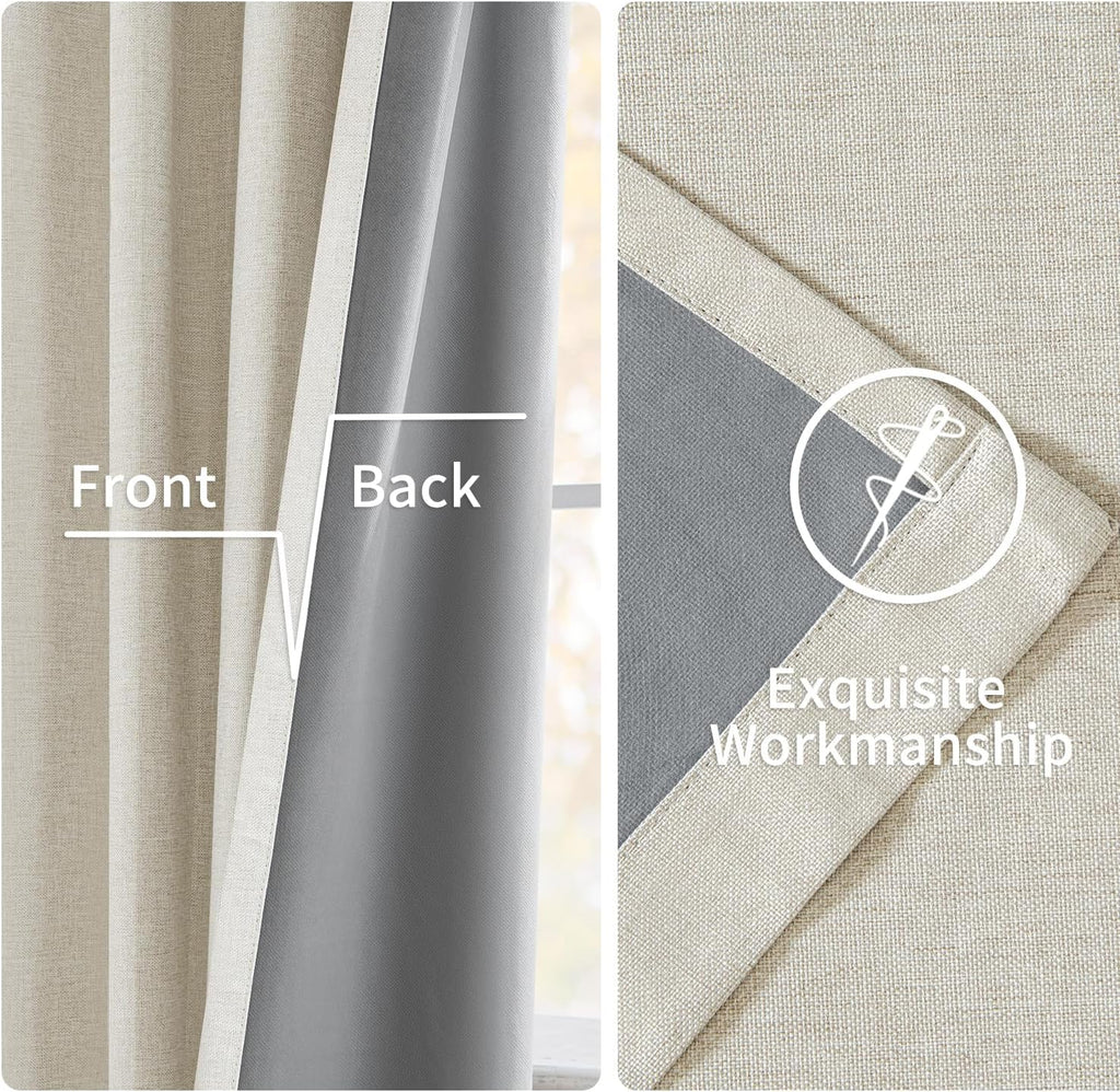 Linen Pinch Pleated 100% Blackout Curtains for Bedroom 84 Inch Long 2 Panels Set - Back Tab Track Cream Black Out