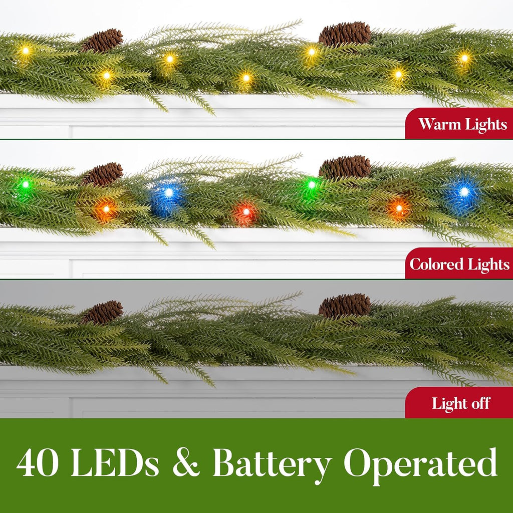 9FT Norfolk Pine Garland with Lights, Lighted Christmas Garland with Timer & 8 Lights Modes- Prelit Battery Operated