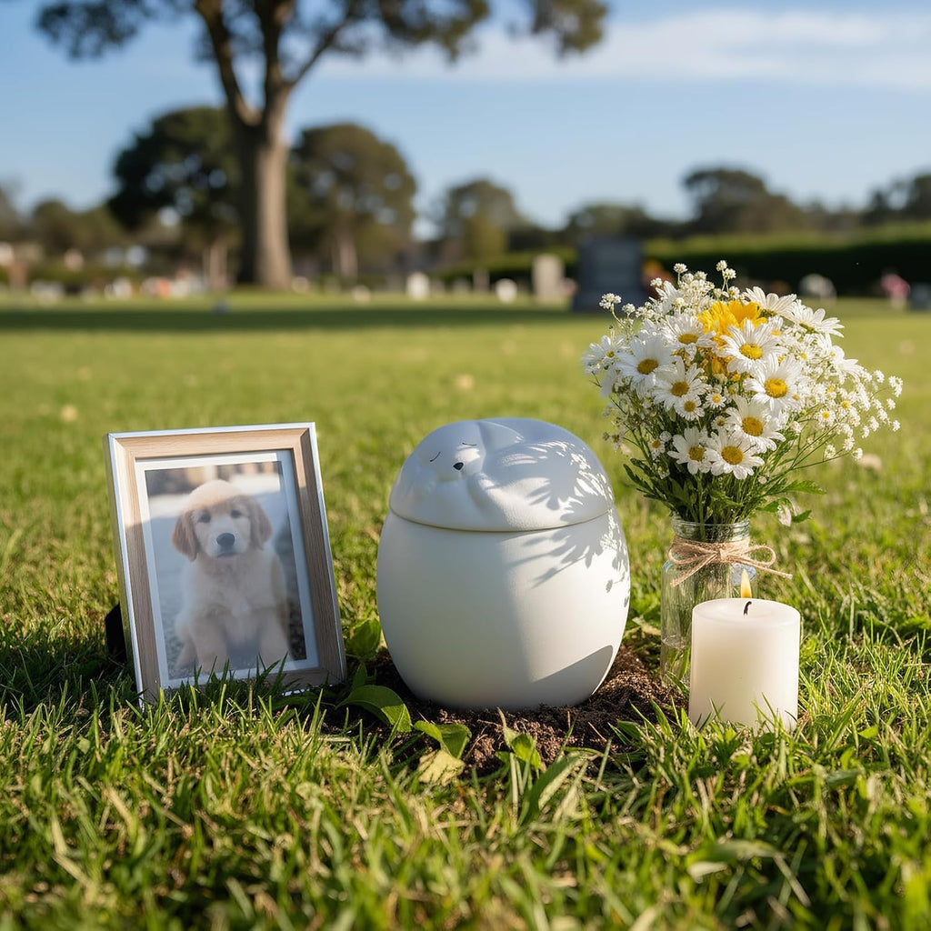 Ceramic Pet Cremation Urn for Dogs, Sleeping Dog Lid Memorial Urn