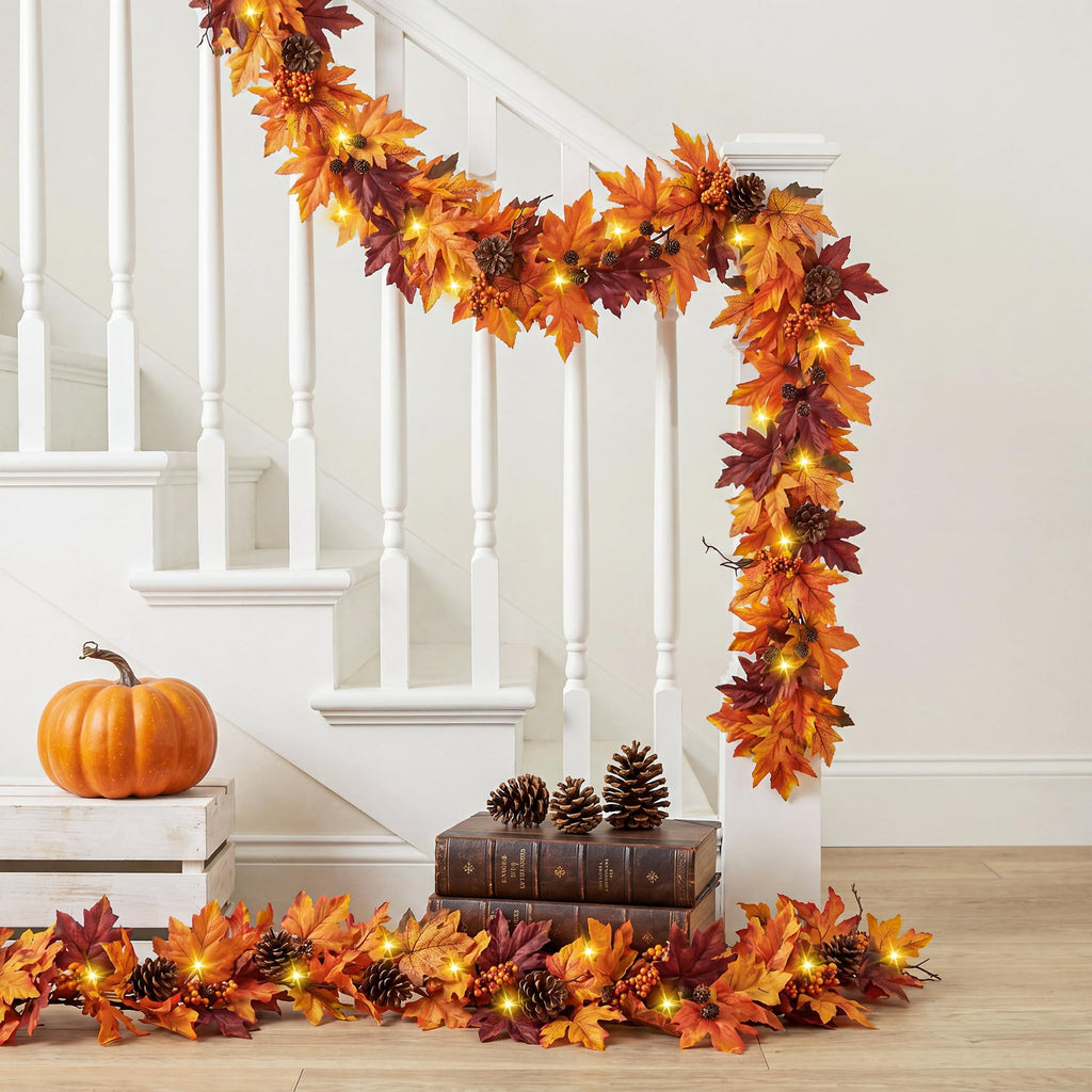 6Ft Fall Garland with 30 Lights & Timer Mantle Decor