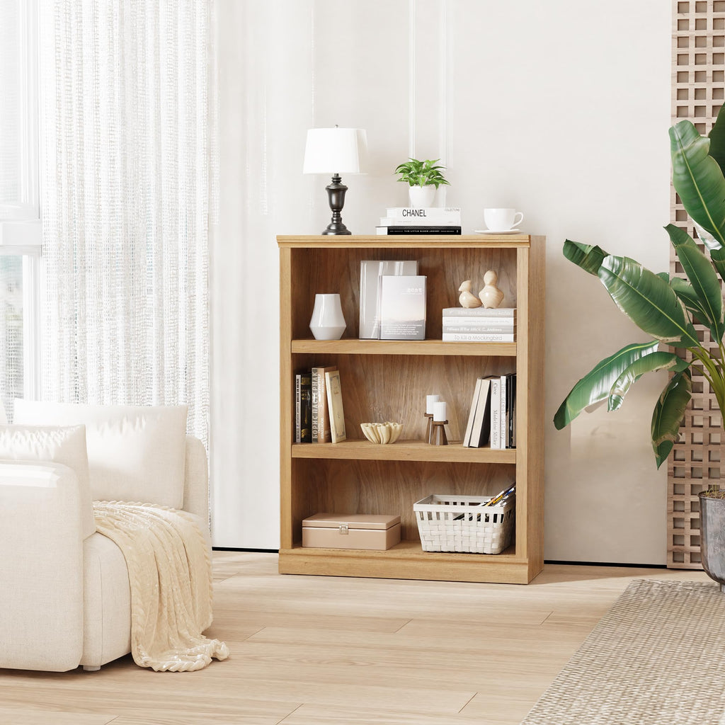 3-Shelf Bookcase Wooden Bookshelves 33in Wide Floor Standing Display Storage Shelves Oak Bookcase, Bed Room