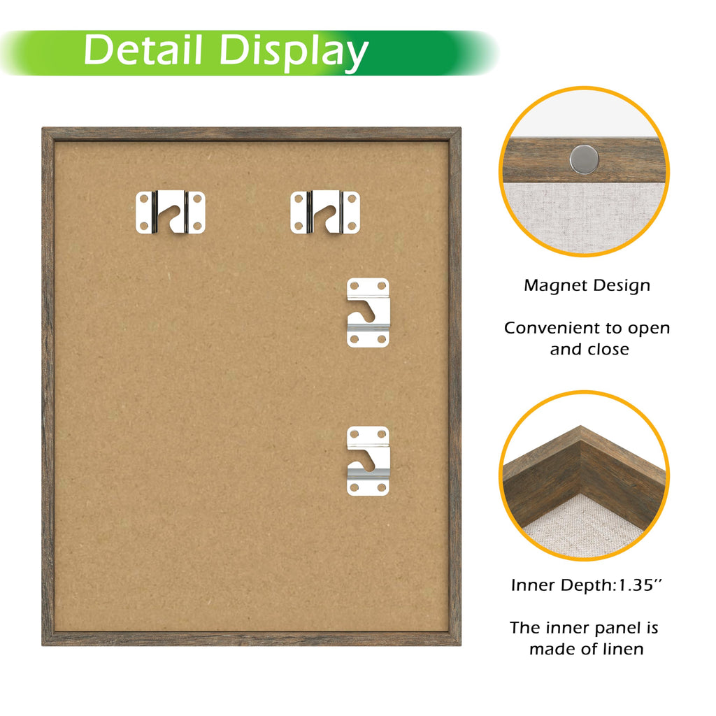 8x10 Deep Shadow Box Frame, Wooden Display Case w. Linen Board & Tempered Glass Door - Brown Woodgrain - Small - Wall