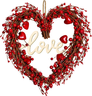 Valentines Day Wreaths for Front Door,14 Inches Artificial Red Berries Valentine Heart Shaped Wreath Decor with Love
