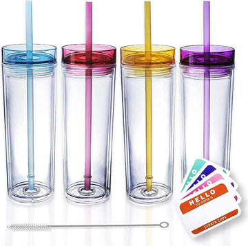 SKINNY TUMBLERS 4 Colored Acrylic Tumblers with Lids and Straws | Skinny, 16oz Double Wall Clear Plastic Tumblers