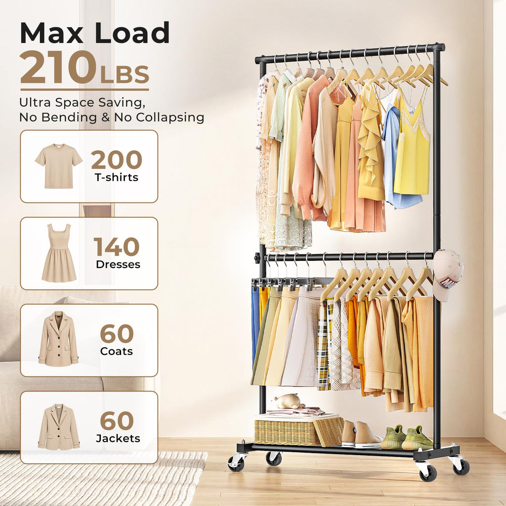 Double Rod Clothes Rack, 35" Wide Hanging Rack for Clothes, Portable Clothing Racks for Hanging Clothes, Rolling
