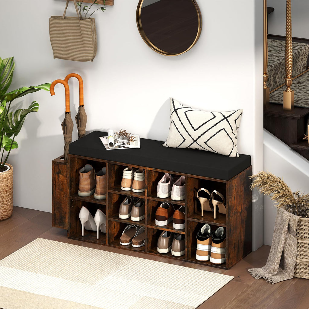 Shoe Storage Bench with Umbrella Stand, 10-Cubby Entryway Shoe Rack Organizer with Padded Seat, Adjustable &