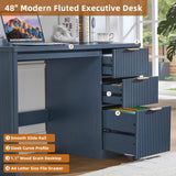 Office Desk 48" with 3 Drawers Storage File Cabinet Wood Fluted Desk for Computer Office Bedroom Home Furniture Blue