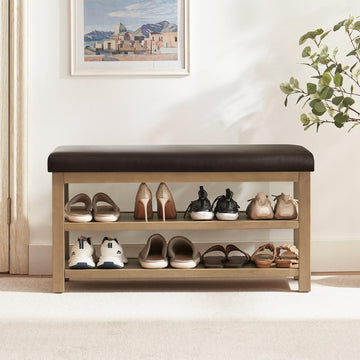 Shoe Rack Bench with Leather Cushion, 2 Tier Solid Wood Storage Bench, Mid-Century Modern Shoe Bench, Closet, Front