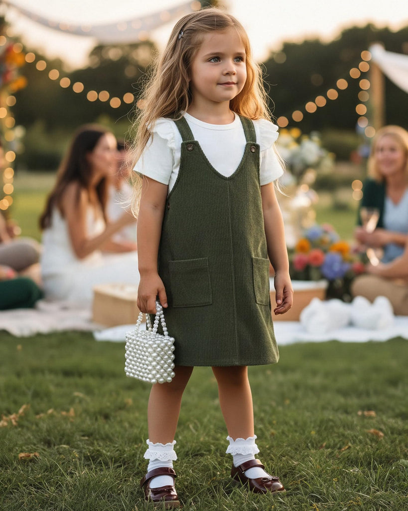 Toddler Little Girl V Neck Corduroy Pinafore Overall Jumper Dress Ruffle Short Sleeve T-Shirt Summer Clothes Set