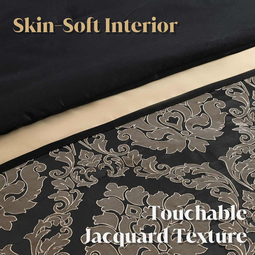 Black Gold Comforter Set, 7 Piece Luxury Damask Bed in a Bag
