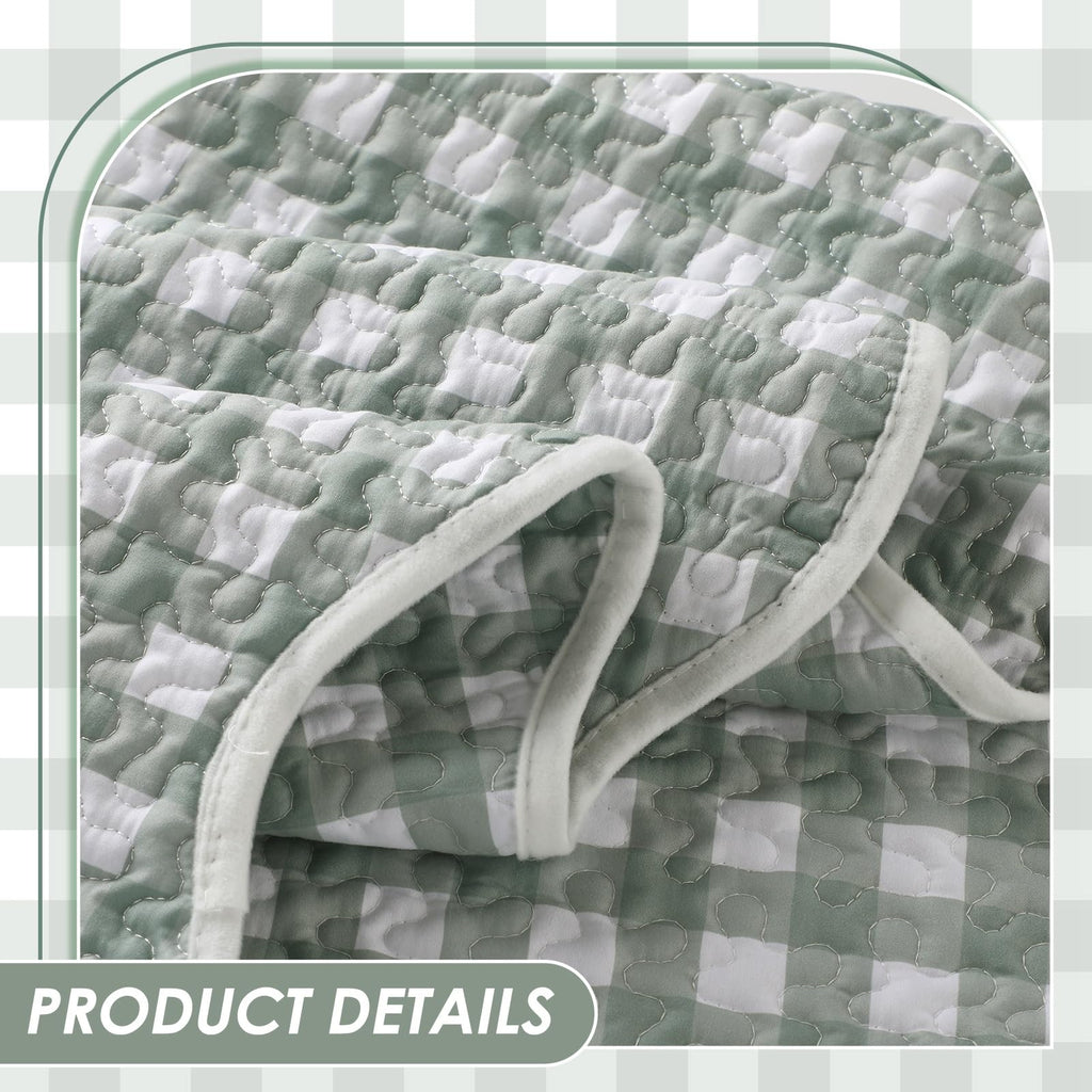 Gingham Quilted Throw Blanket Sage Green Scalloped Blanket